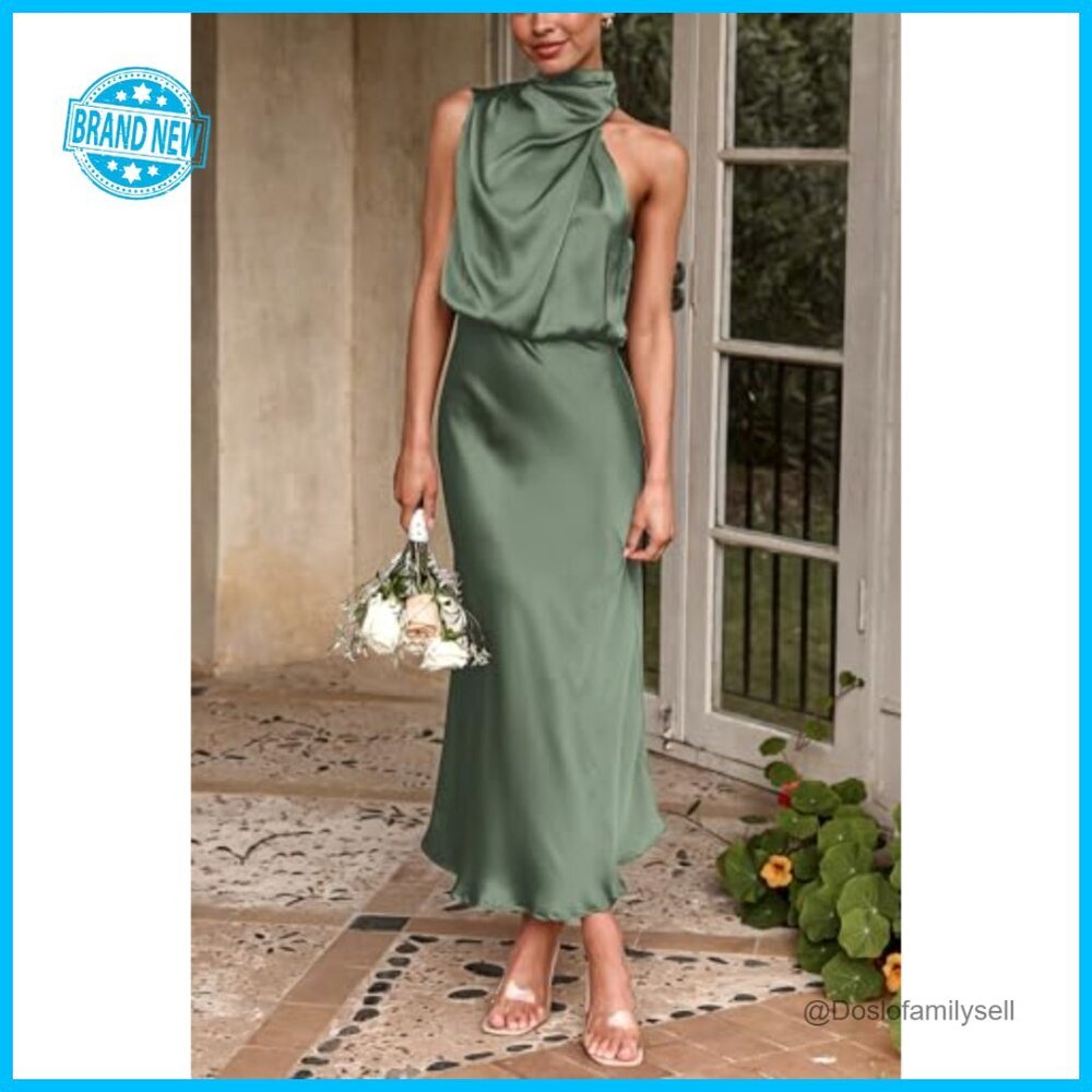 Elegant Satin Maxi Dress Mock Neck Sleeveless Cocktail Party Formal Wear - Picture 4 of 7